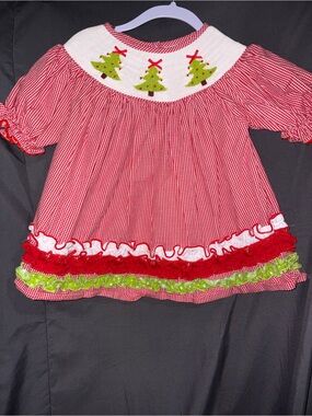 Smocked A Lot Red Gingham Dress with Green Tree Smocking